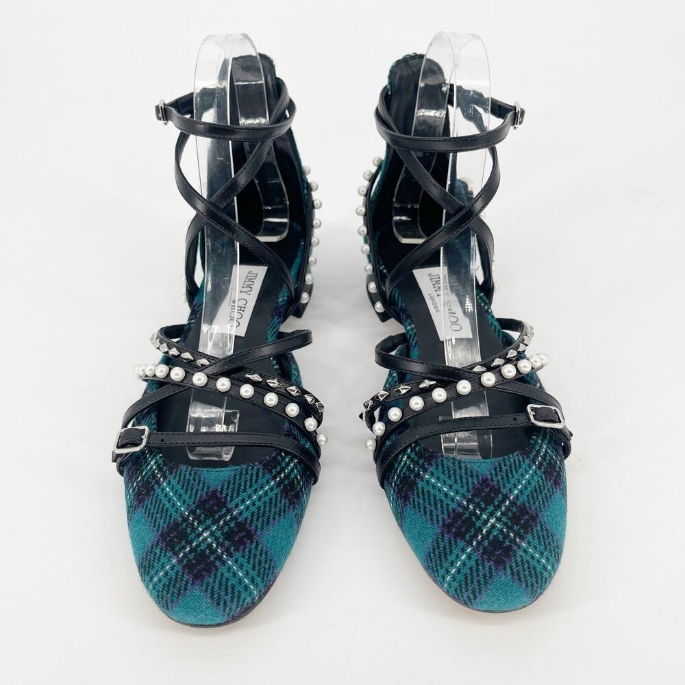 Jimmy Choo Celestia 25 Peacock Tartan Pearl Studded Mary Jane Flats IT 37.5 - Picture 6 of 13